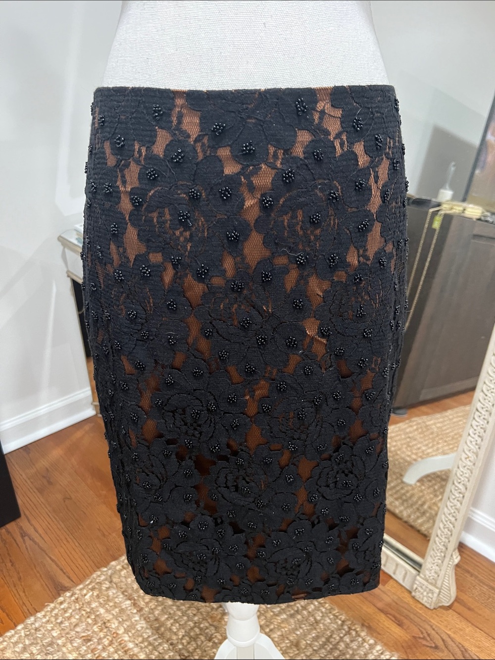 Talbots black lace beaded midi pencil skirt with nude lining